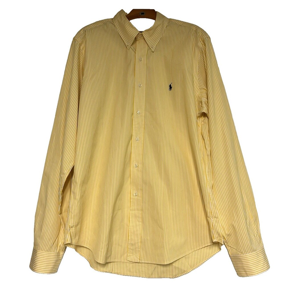 Ralph Lauren Classic Fit Shirt Men's 16 1/2 Yellow Stripe Long Sleeve Button Up